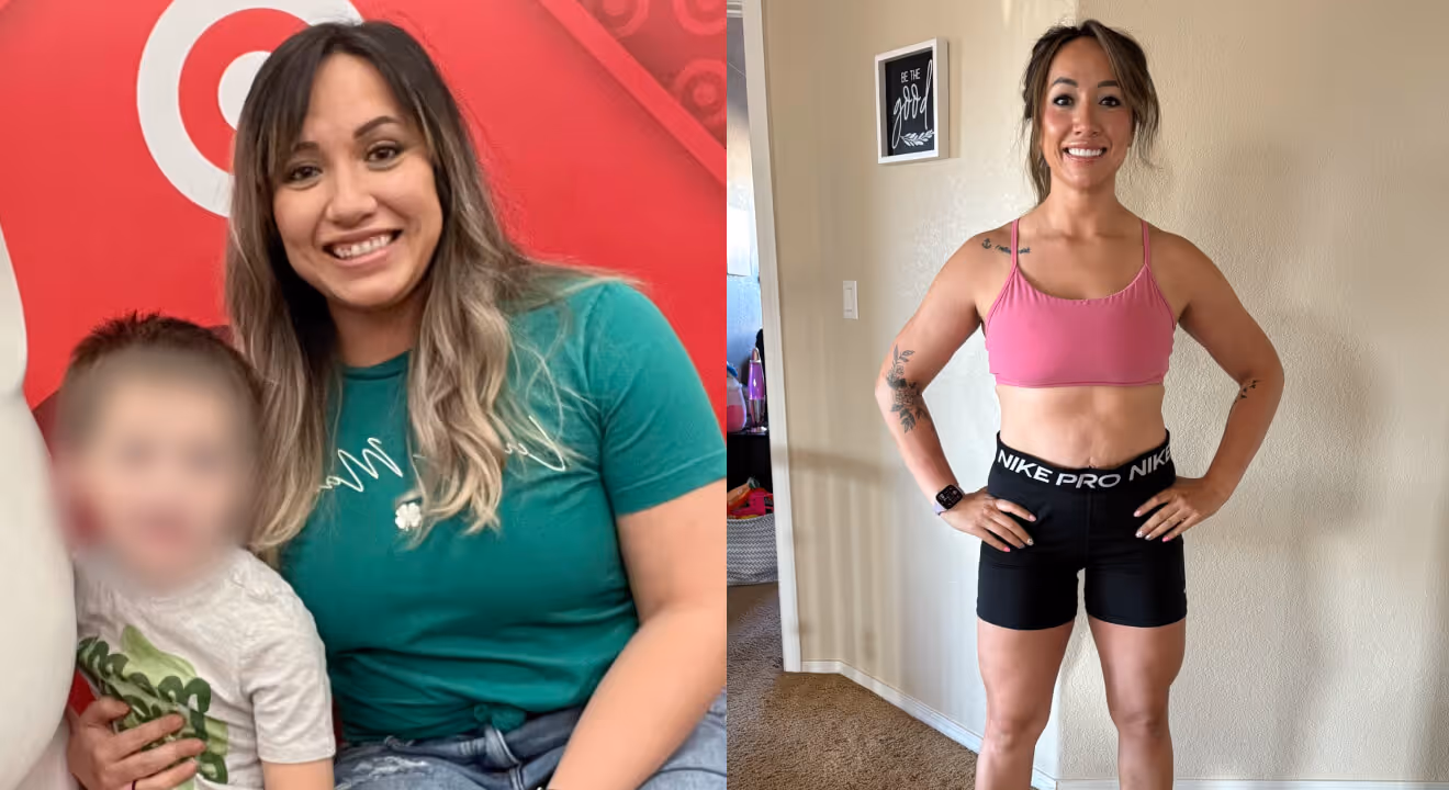 Before and after photo of Yucca Health GLP-1 patient Crystal G., who lost 50 lbs in 6 months.