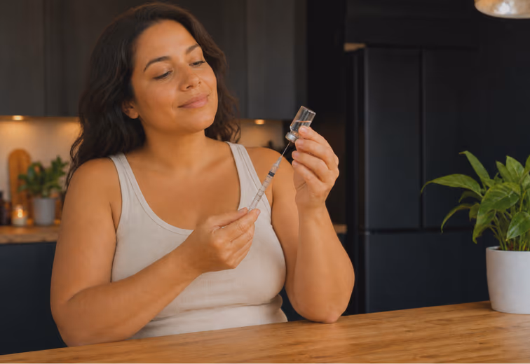 Woman at her kitchen table examining her GLP-1 dose as she begins her protocol with Yucca Health.