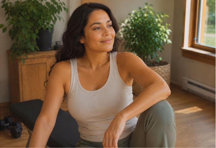 Woman stretching in morning light as her GLP-1 protocol settles in with Yucca Health.