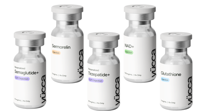 Yucca Health personalized treatment vials including semaglutide, tirzepatide, sermorelin, and NAD+