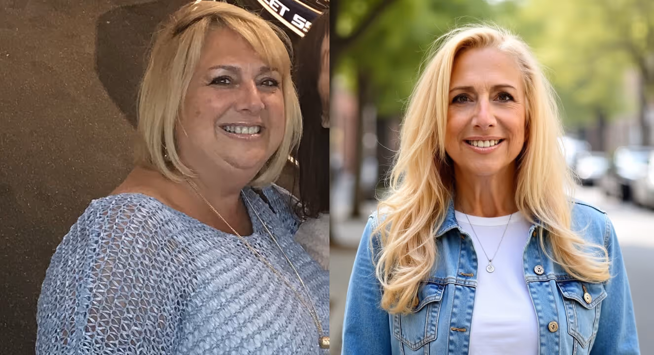 Before and after photo of Yucca Health GLP-1 patient Lisa C., who lost 75 lbs in 10 months.
