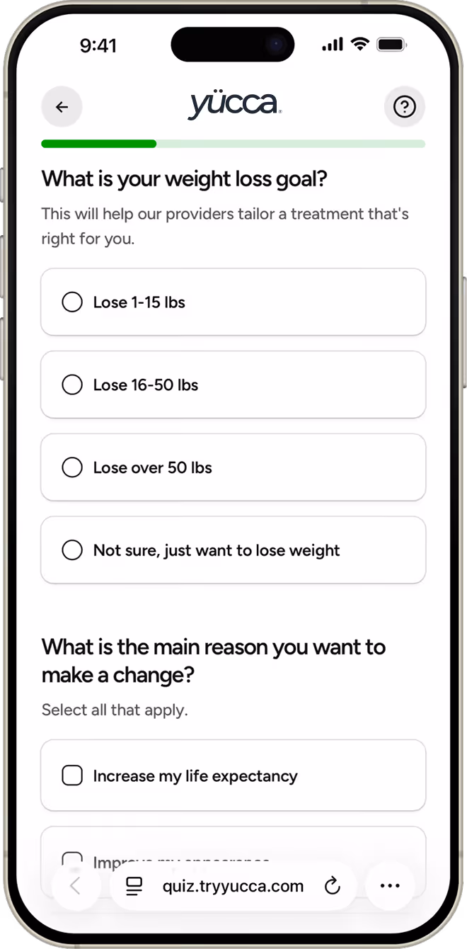 Yucca Health intake form on mobile — quick eligibility check for GLP-1 weight loss treatment.