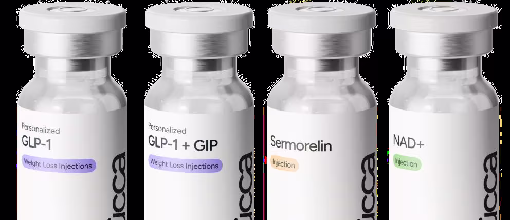 Viales de tratamiento de Yucca Health para GLP-1, GLP-1 más GIP, Sermorelina y NAD más.