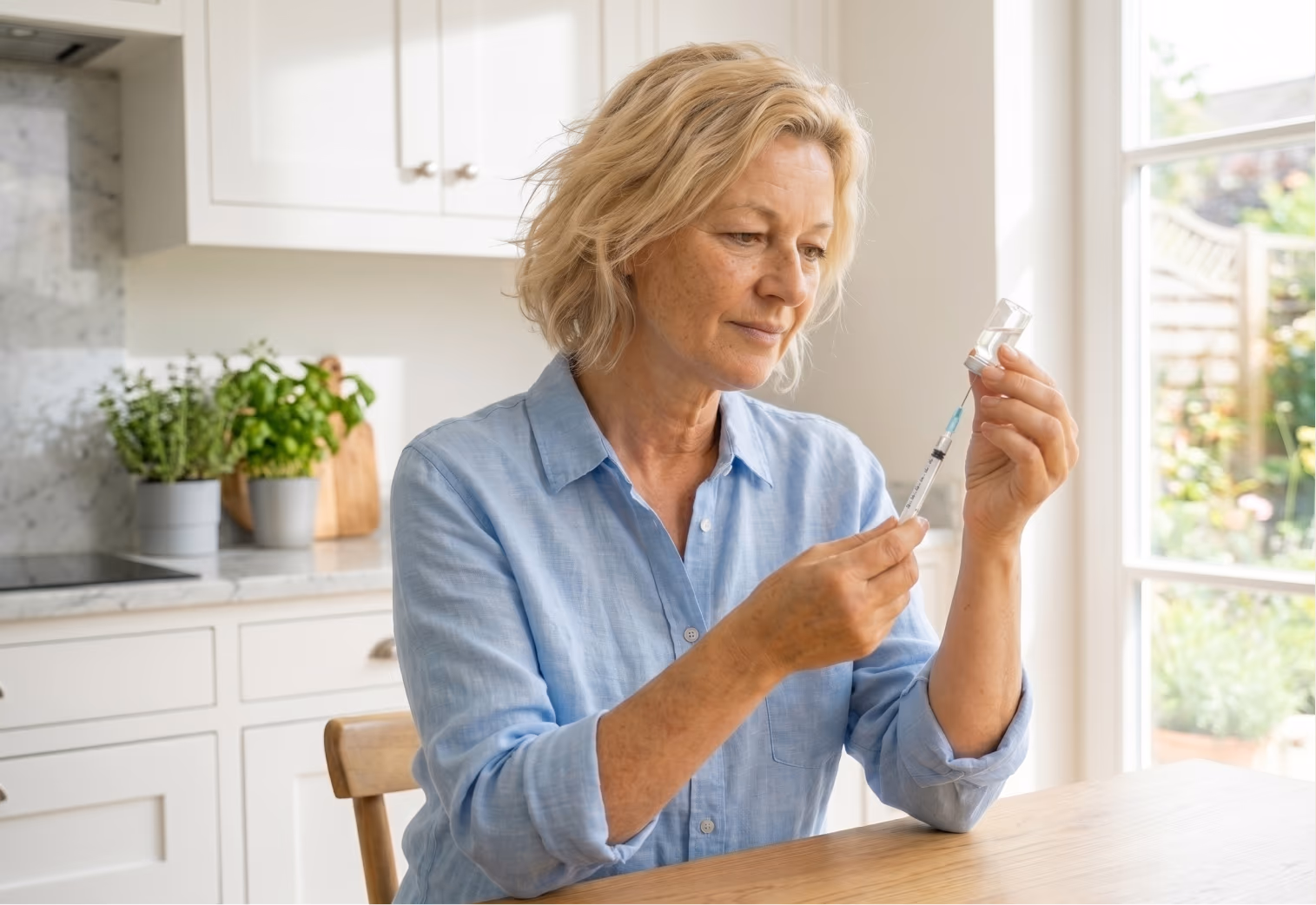Patient at her kitchen table reviewing her NAD+ dose as she begins her protocol with Yucca Health.