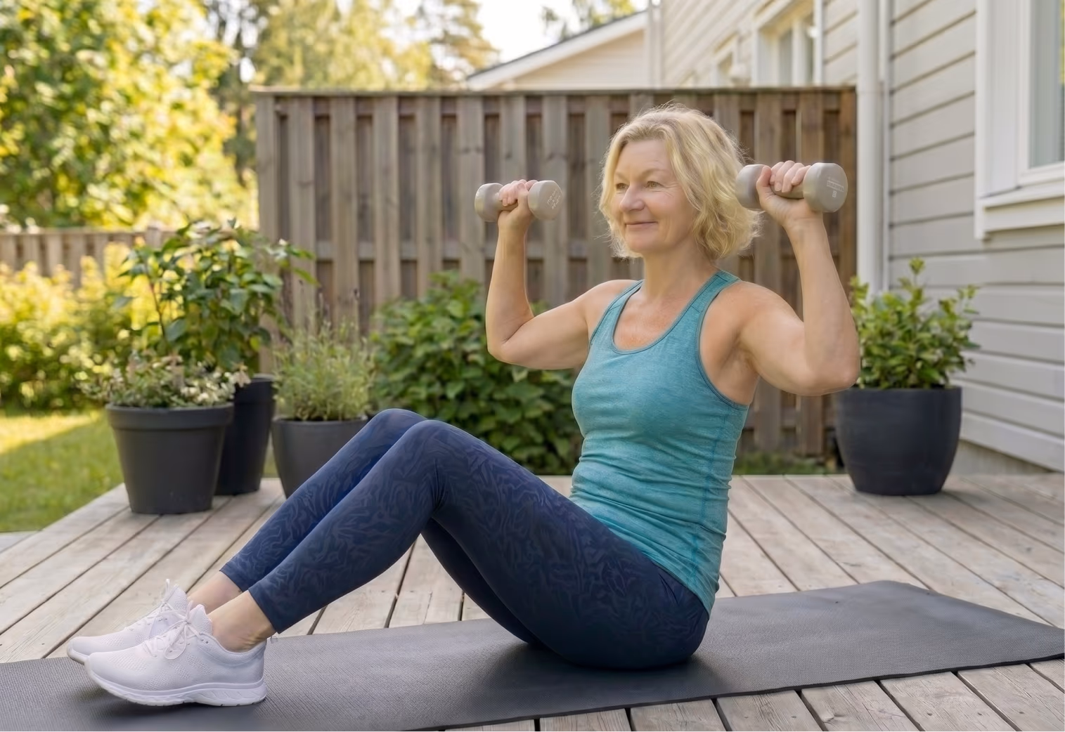 Patient in activewear at home as her provider fine-tunes her NAD+ protocol with Yucca Health.