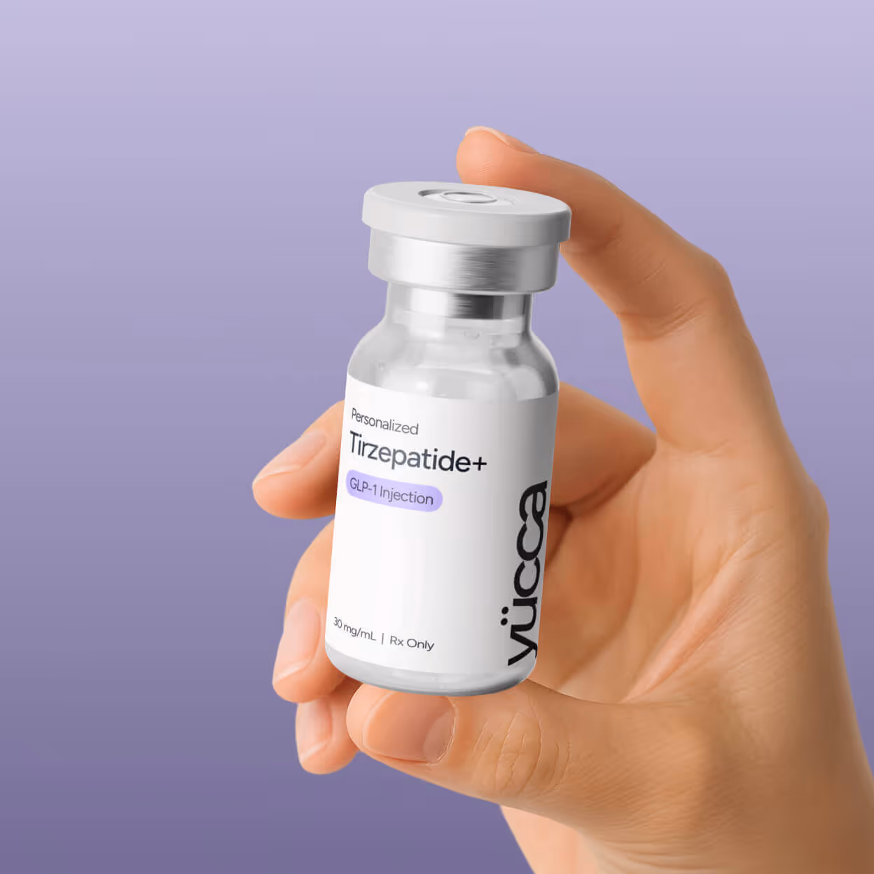 Hand holding Personalized Tirzepatide+ GLP-1 injection vial — Yucca Health