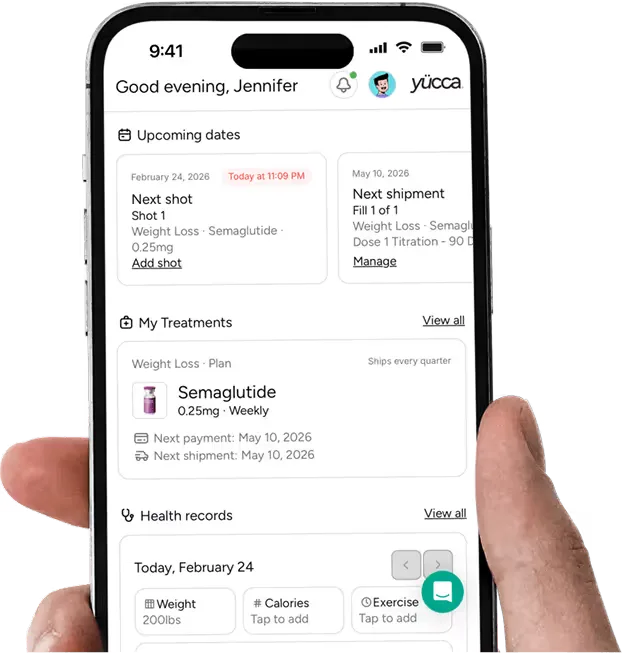 Yucca Health patient portal dashboard showing a semaglutide treatment plan and health records on mobile