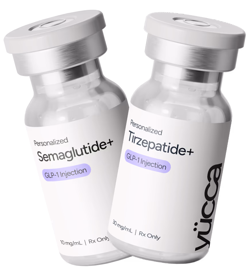 Personalized Semaglutide+ and Tirzepatide+ GLP-1 injection vials by Yucca Health