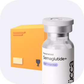 Illustration of a Yucca Semaglutide+ vial beside a shipping box.