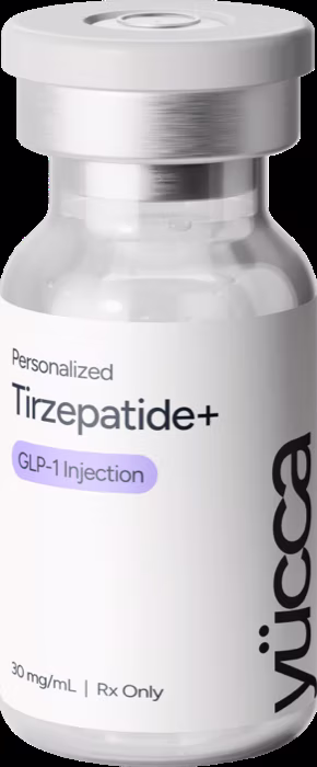 Personalized Tirzepatide+ GLP-1 injection vial by Yucca Health.
