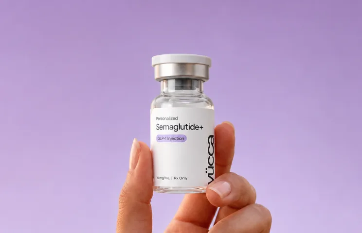 Personalized Semaglutide+ GLP-1 injection vial by Yucca Health.
