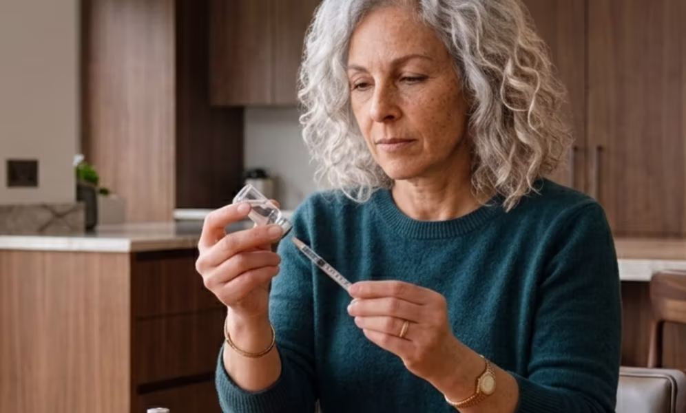 A woman at her kitchen counter, drawing a dose from a NAD+ vial into a syringe.