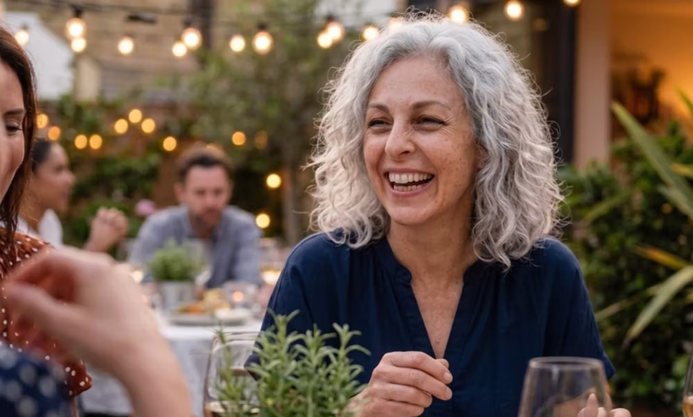 A woman laughing with friends around an outdoor dinner table in the evening.