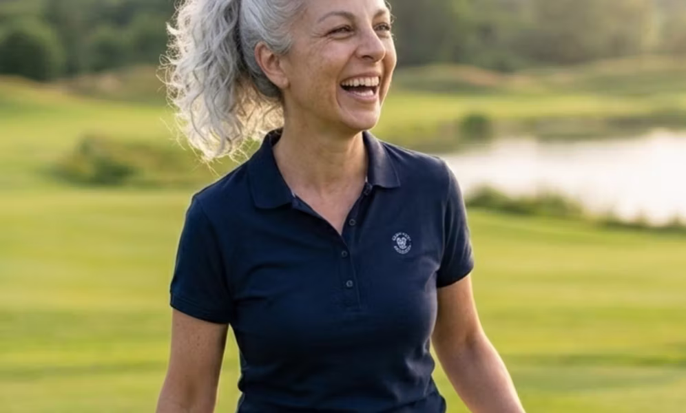 A woman walking outdoors on open green ground on a bright day.