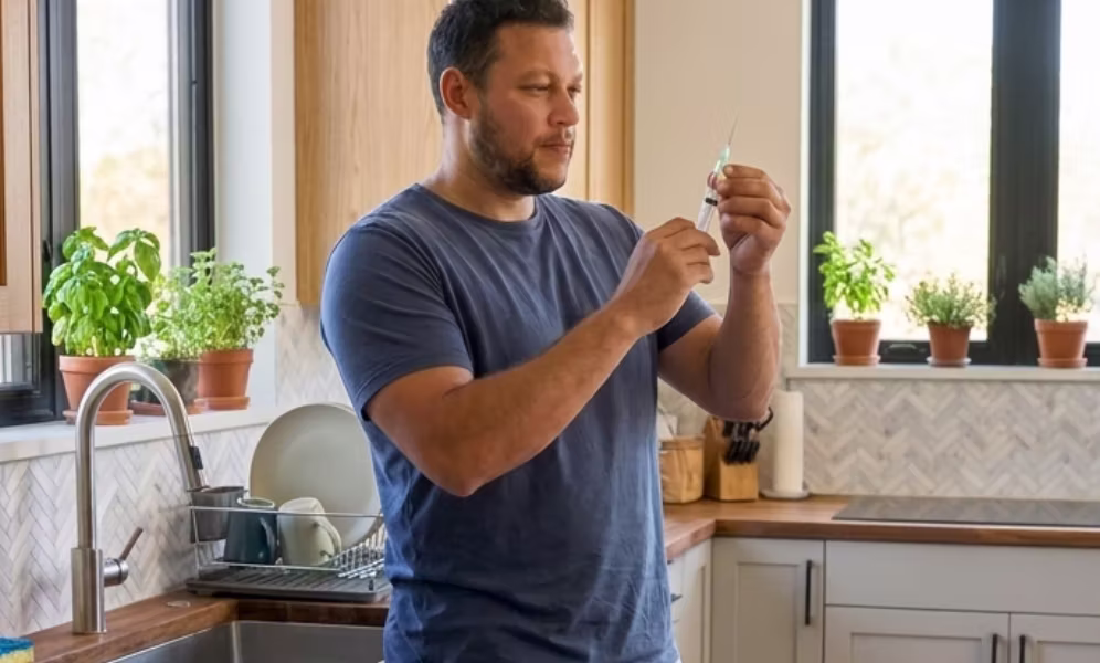 A man at his kitchen counter preparing a sermorelin injection.
