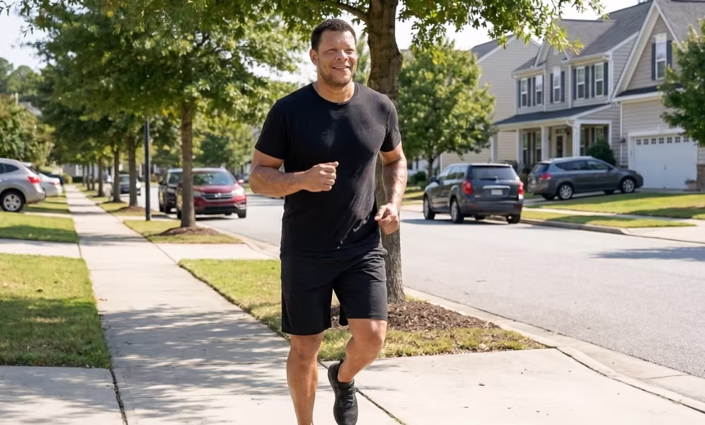 A man jogging along a suburban sidewalk on a bright morning.