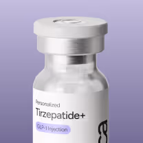 Vial labeled 'Personalized Tirzepatide+' with a green cap on a light background.