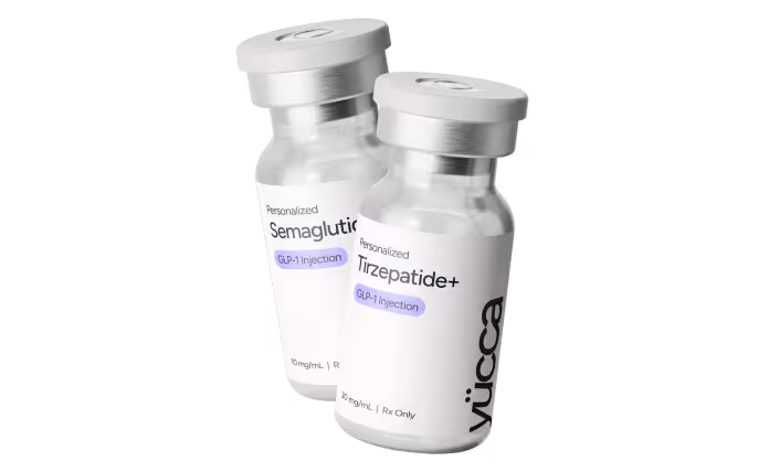 Personalized Semaglutide+ and Tirzepatide+ GLP-1 injection vials by Yucca Health