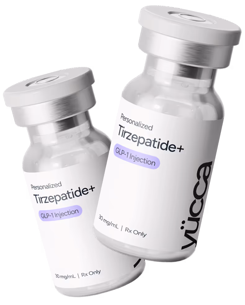 Yucca Health Personalized Tirzepatide+ GLP-1 injection vial group with packaging.