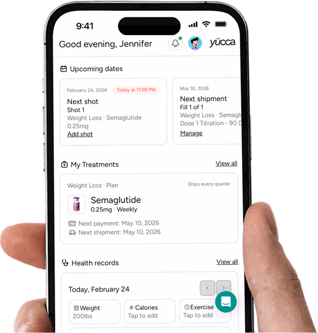 Yucca Health patient portal dashboard showing semaglutide treatment plan and health records on mobile