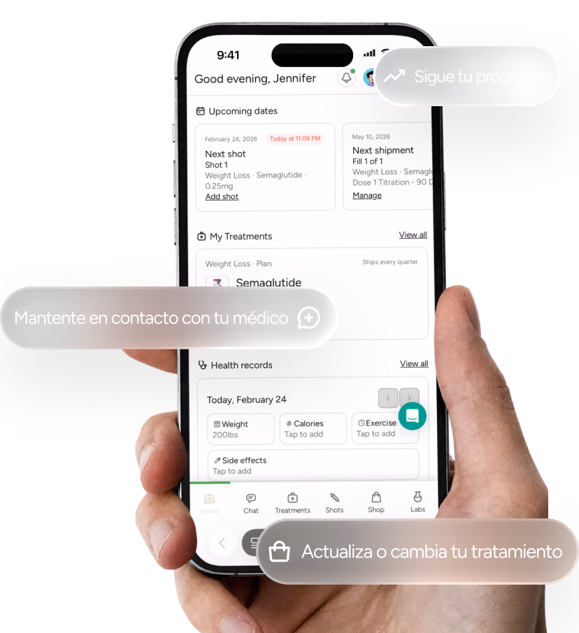 Portal del paciente de Yucca Health en el móvil — sigue tu progreso, escríbele a tu médico y gestiona tu tratamiento GLP-1